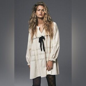 Free People Cream Peasant Mini Dress with Black Bow